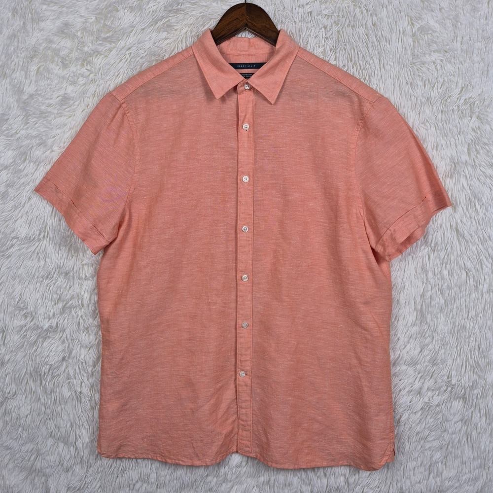 Perry Ellis Mens Large Peach Linen Cotton Blend Short Sleeve Button Down Shirt